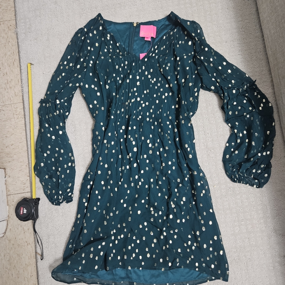Lilly Pulitzer Cleme Silk Metallic Dress Green Gold Womens Size 8